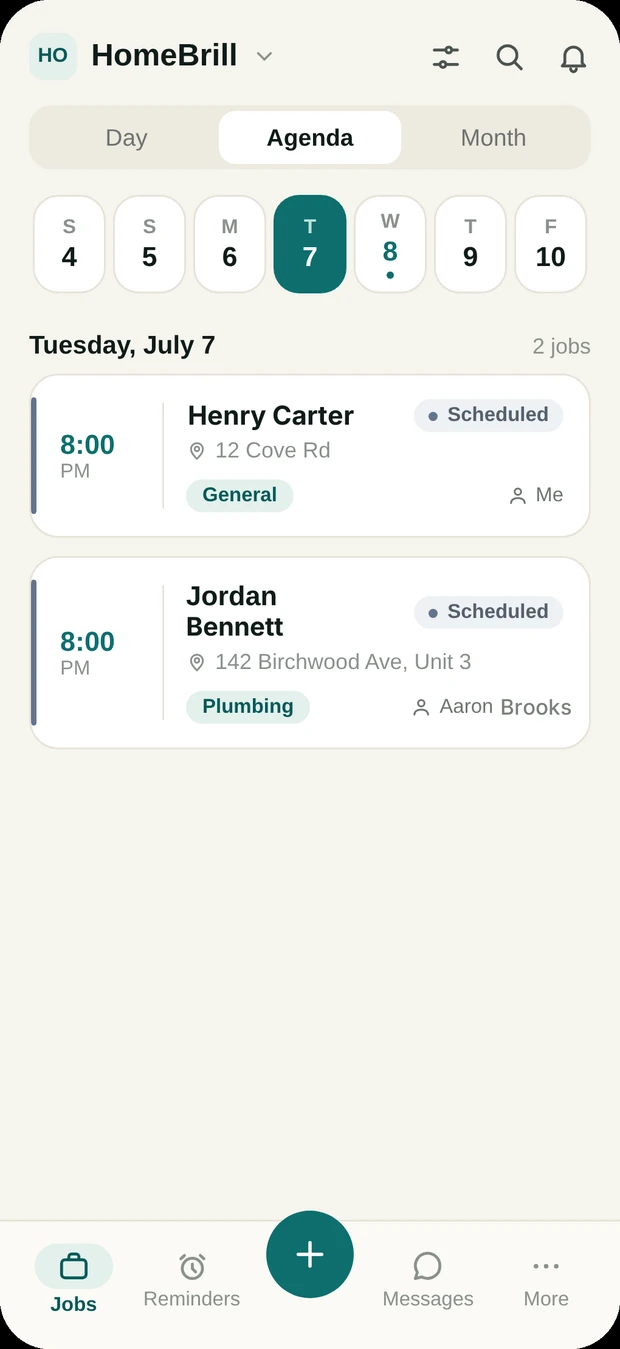 Vablon jobs agenda on iPhone, showing the day's scheduled jobs